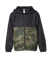 EXP24YWZ Youth Lightweight Windbreaker Jacket in color Black/Forest Camo.
