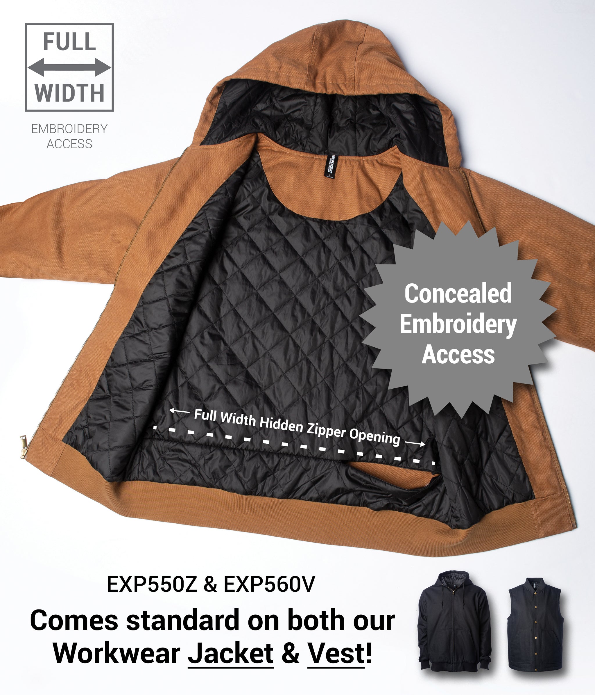 Concealed full width embroidery access that comes standard on Workwear Jacket & Vest.