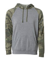 Unisex Special Blend Raglan Hooded Pullover in color Nickel/Forest Camo