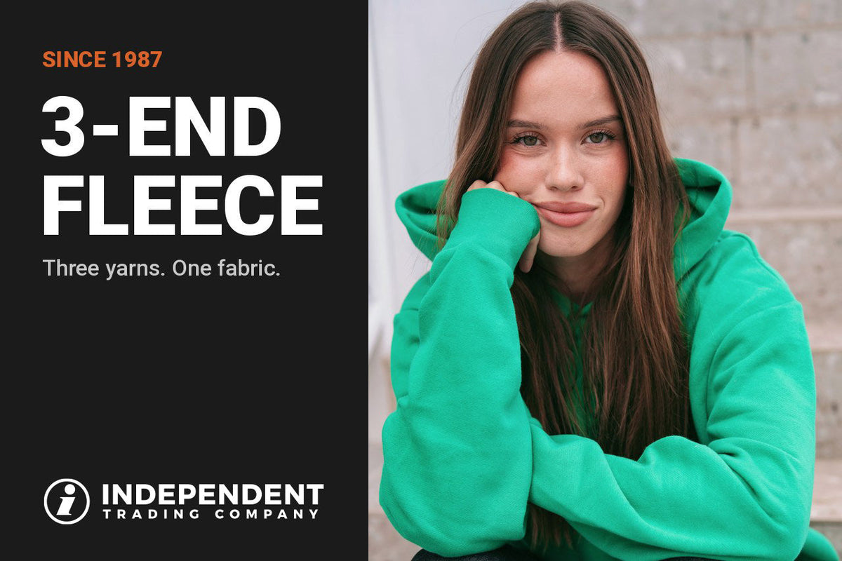 Model wearing a green Independent Trading Co. IND280SL hoodie next to the text "3-End Fleece, Since 1987"
