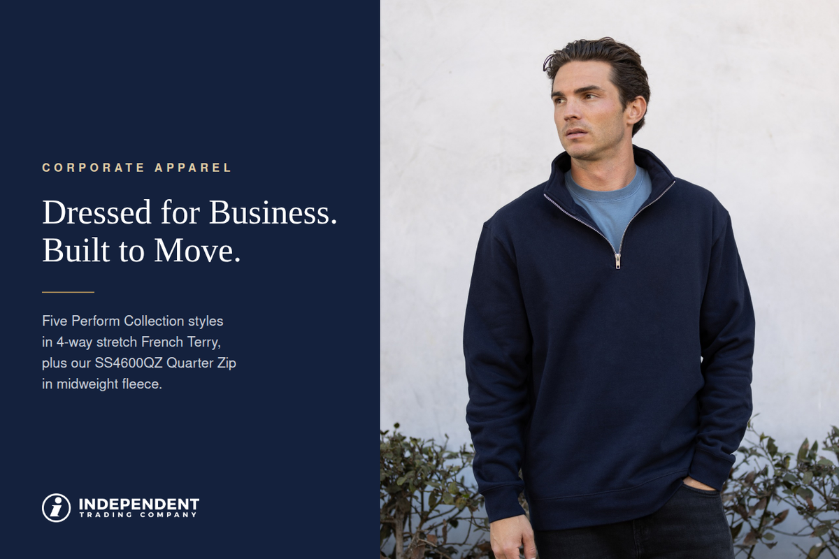 Man wearing a Classic Navy SS4600QZ Quarter Zip beside “Corporate Apparel: Dressed for Business. Built to Move.” and the Independent Trading Co. logo.