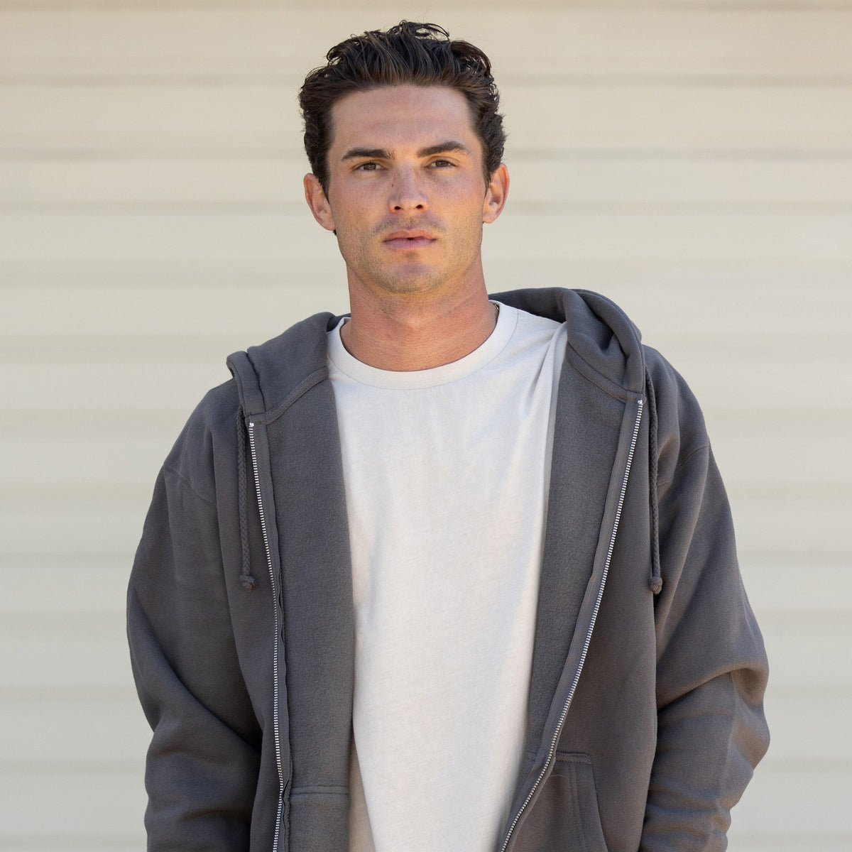 Men's blank apparel including pullover hoodies, zip hoodies, and t-shirts
