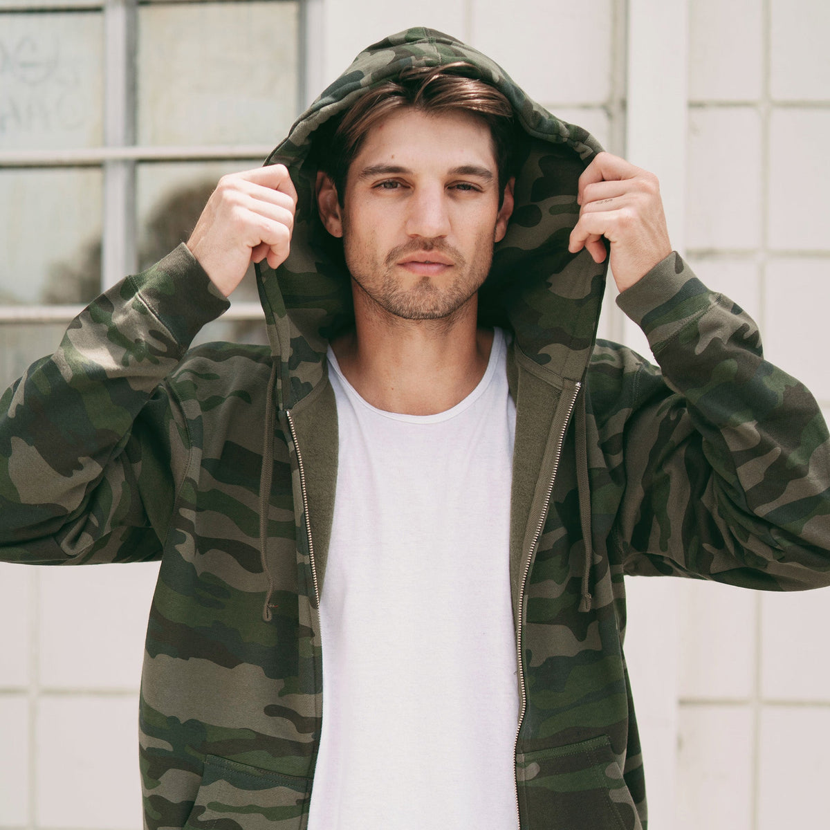 Men's blank full-zip hoodies in Forest Camo.
