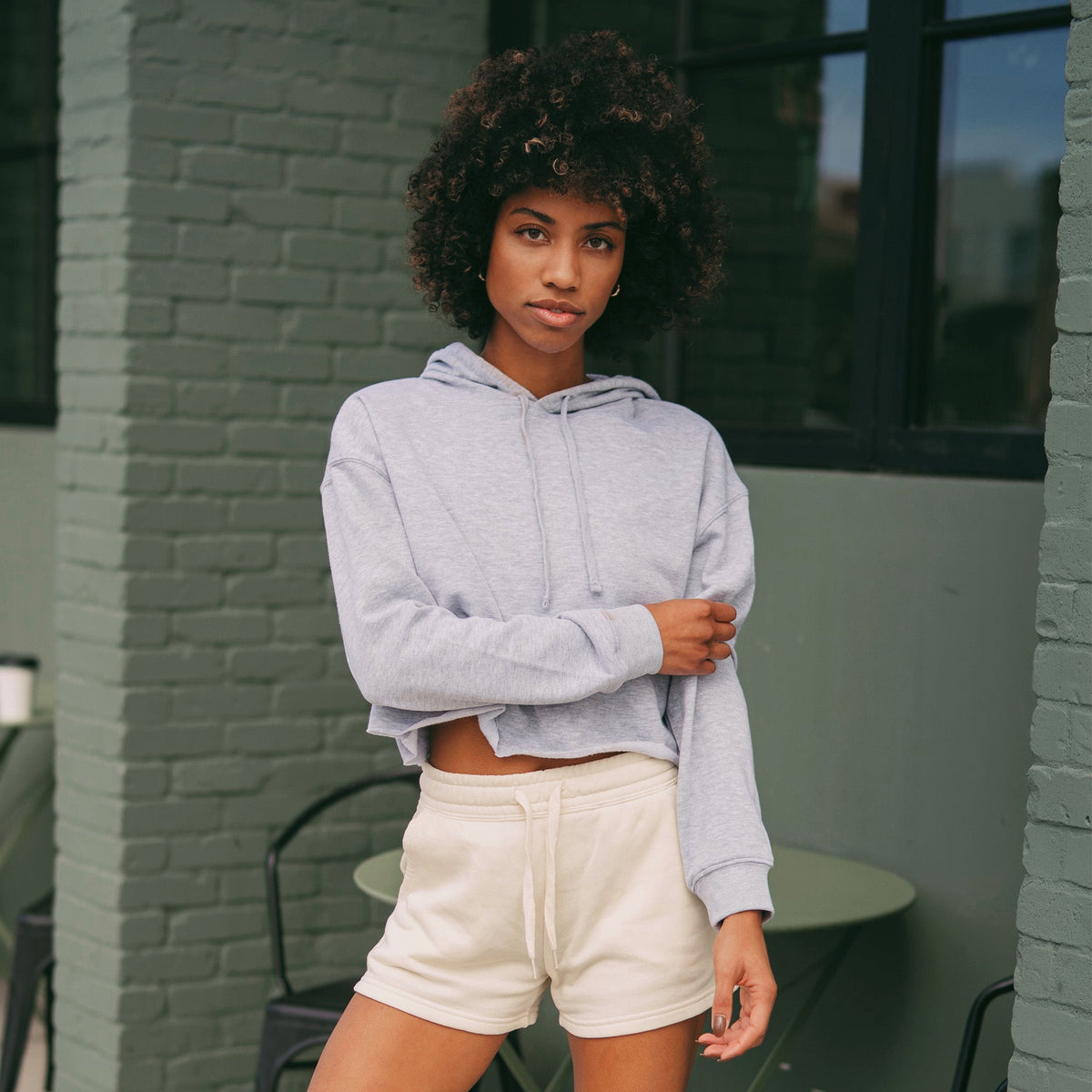 Women’s blank crop hoodie and hip-length crewneck in Grey Heather