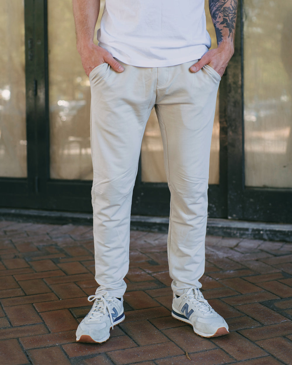 man wearing a light color sweat pant