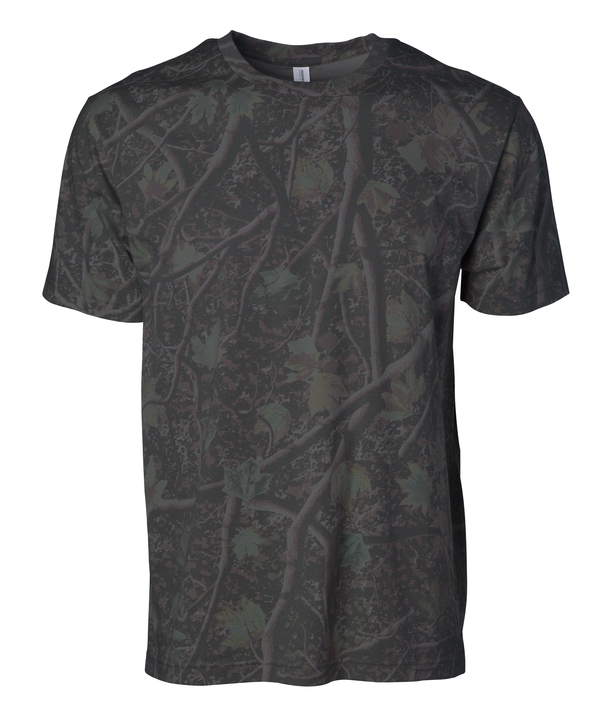 Darkwood Tree Camo patterned premium t-shirt on a white background