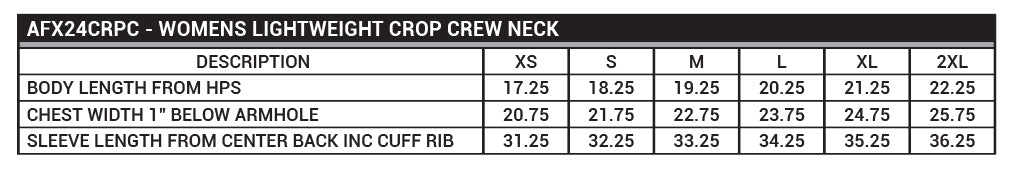 AFX24CRPC Women's Lightweight Crop Crew Neck Sizing Chart