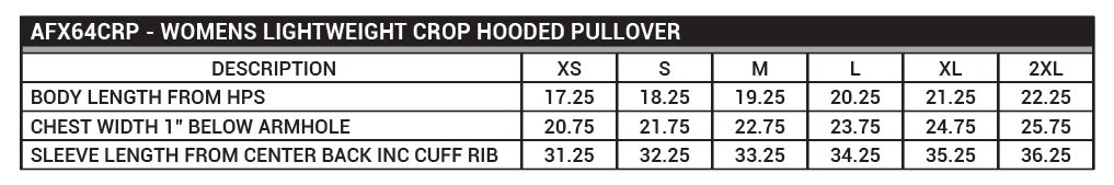 AFX64CRP Women's Lightweight Crop Hooded Pullover Sizing Chart