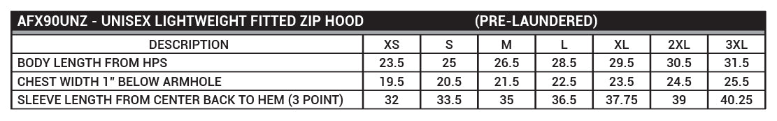 AFX90UNZ Unisex Lightweight Fitted Zip Hood Sizing Chart