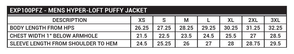 EXP100PFZ Men's Hyper-Loft Puffy Jacket Sizing Chart