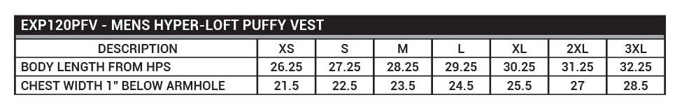 EXP120PFV Men's Hyper-Loft Puffy Vest Sizing Chart