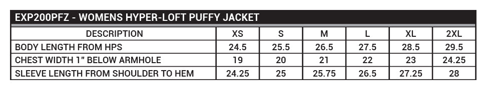 EXP200PFZ Women's Hyper-Loft Puffy Jacket Sizing Chart