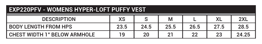 EXP220PFV Women's Hyper-Loft Puffy Vest Sizing Chart
