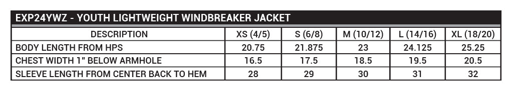 EXP24YWZ Youth Lightweight Windbreaker Jacket Sizing Chart
