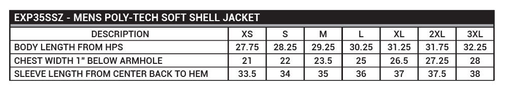 EXP35SSZ Men's Poly-Tech Soft Shell Jacket Sizing Chart