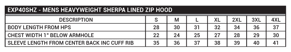EXP40SHZ Men's Heavyweight Sherpa Lined Zip Hood Sizing Chart