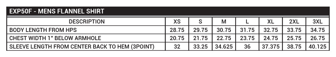 EXP50F Men's Flannel Shirt Sizing Chart