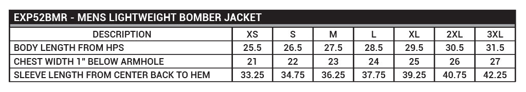 EXP52BMR Men's Lightweight Bomber Jacket Sizing Chart