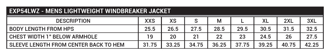 EXP54LWZ Men's Lightweight Windbreaker Jacket Sizing Chart