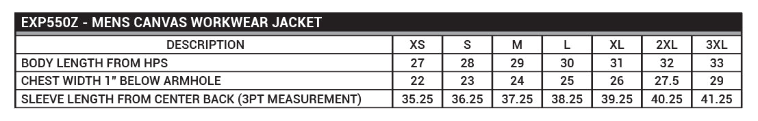 EXP550Z Men's Insulated Canvas Workwear Jacket Sizing Chart