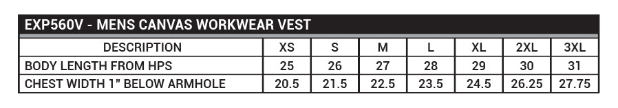 EXP560V Men's Insulated Canvas Workwear Vest Sizing Chart