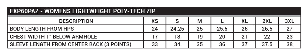 EXP60PAZ Women's Lightweight Poly-Tech Zip Sizing Chart