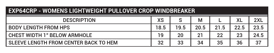 EXP64CRP Women's Lightweight Pullover Crop Windbreaker Sizing Chart