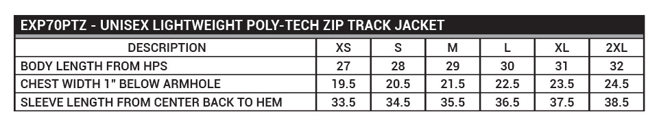 EXP70PTZ Unisex Poly-Tech Zip Track Jacket Sizing Chart
