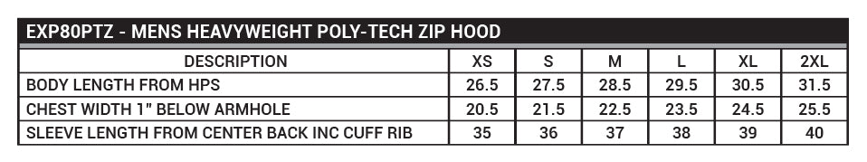 EXP80PTZ Men's Heavyweight Poly-Tech Zip Hood Sizing Chart