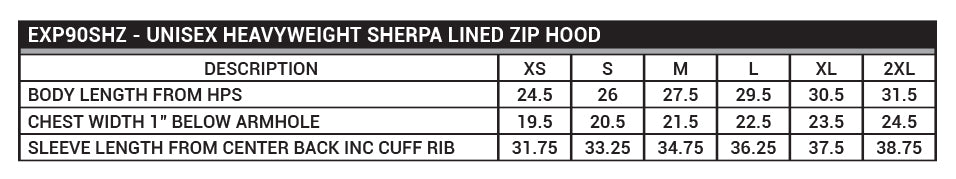 EXP90SHZ Unisex Heavyweight Sherpa Lined Zip Hood Sizing Chart