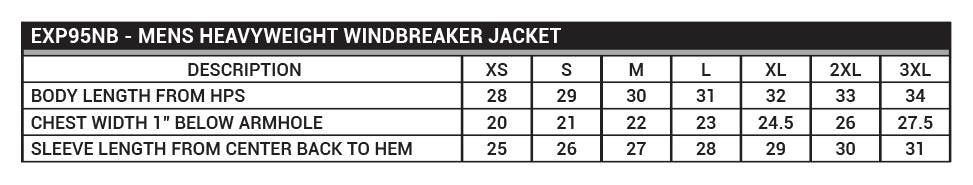 EXP95NB Men's Heavyweight Windbreaker Jacket Sizing Chart