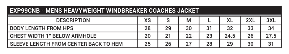 EXP99CNB Men's Heavyweight Windbreaker Coaches Jacket Sizing Chart