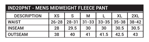 IND20PNT - Men's Midweight Fleece Pant Sizing Chart