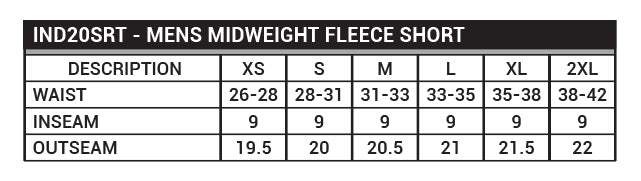 IND20SRT - Men's Midweight Fleece Short Sizing Chart