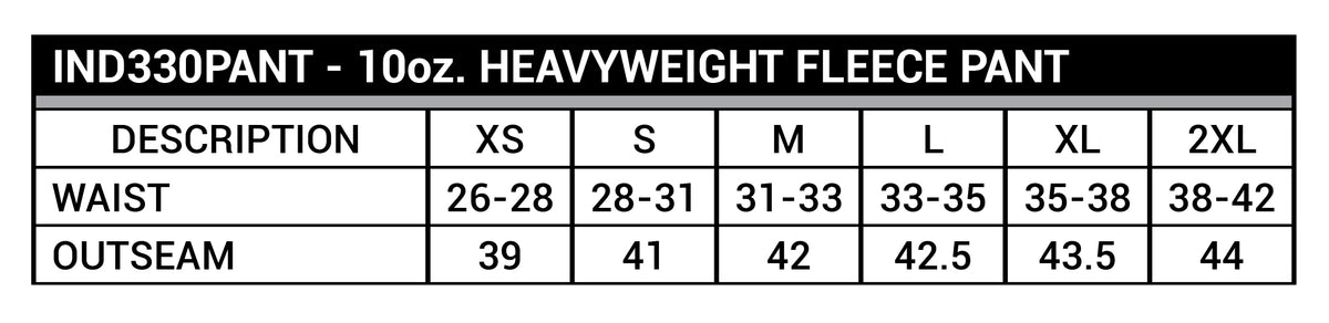 IND330PANT 10oz. Heavyweight Fleece Pant sizing chart