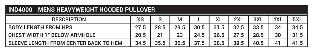 IND4000 Men's Heavyweight Hooded Pullover Sizing Chart