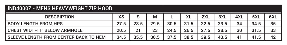 IND4000Z Men's Heavyweight Zip Hood Sizing Chart