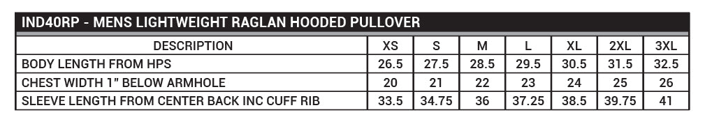 IND40RP - Men's Lightweight Raglan Hooded Pullover Sizing Chart