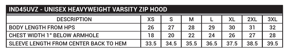 IND45UVZ - Unisex Heavyweight Varsity Zip Hood Sizing Chart