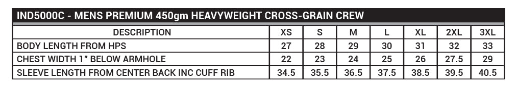 IND5000C Men's Premium 450gm Heavyweight Cross-Grain Crew Sizing Chart