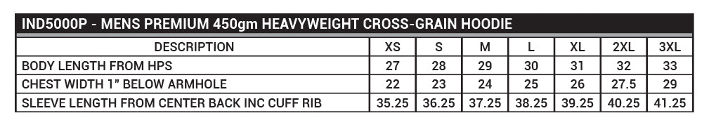 IND5000P Men's Premium 450gm Heavyweight Cross-Grain Hooded Pullover Sizing Chart