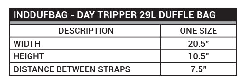 INDDUFBAG Day Tripper 29L Duffel Bag Sizing Chart
