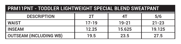 PRM11PNT Toddler Lightweight Special Blend Pant Sizing Chart