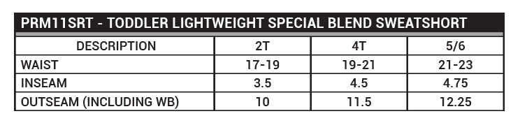 PRM11SRT Toddler Lightweight Special Blend Short Sizing Chart