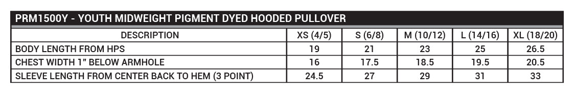 PRM1500Y Youth Pigment Dyed Hooded Pullover Sizing Sheet