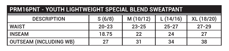 PRM16PNT Youth Lightweight Special Blend Pant Sizing Chart