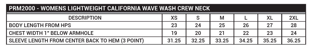 PRM2000 Women's Lightweight California Wave Wash Crew Neck Sizing Sheet