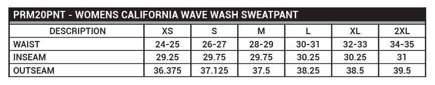 PRM20PNT Women's California Wave Wash Pant Sizing Chart