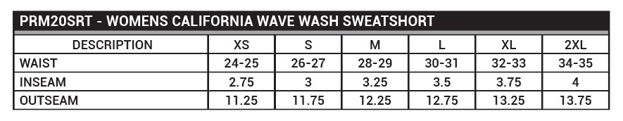 PRM20SRT WOmen's California Wave Wash Short Sizing Chart