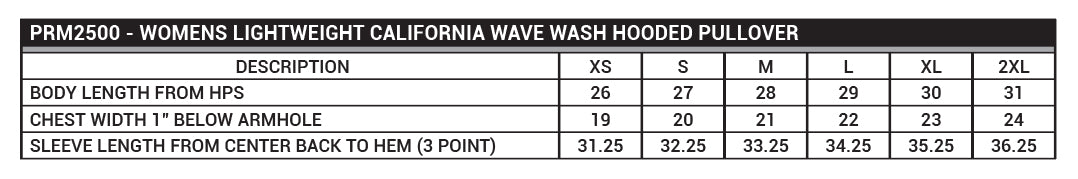 PRM2500 Women's Lightweight California Wave Wash Hooded Pullover Sizing Chart